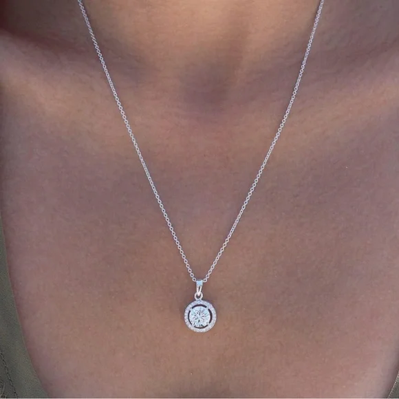 Cate & Chloe 18k White Gold Plated Halo Pendant Necklace & Crystal Stud Earrings - Picture 7 of 10